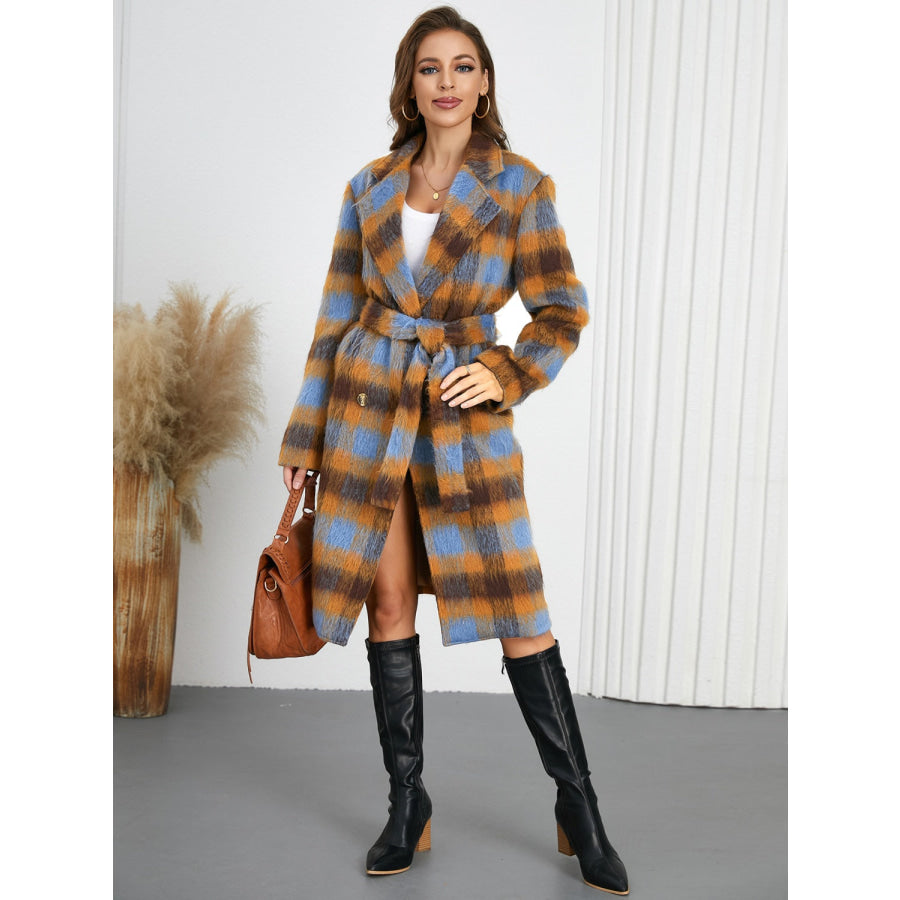 Tied Plaid Collared Neck Coat Light Blue / S Apparel and Accessories