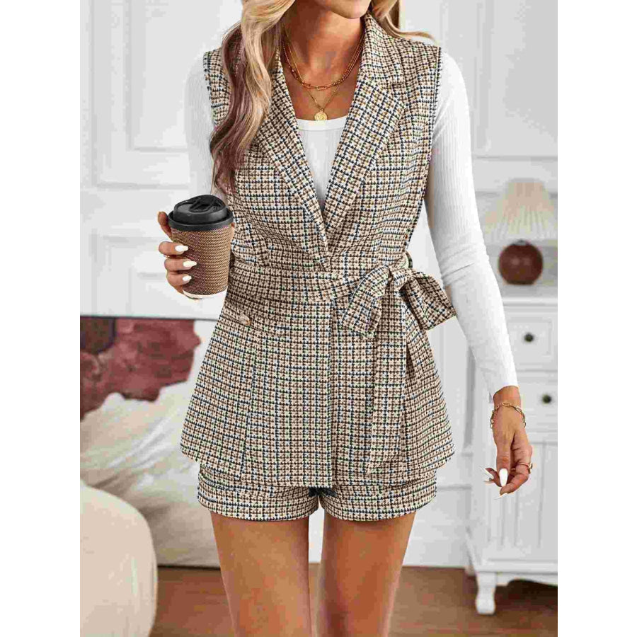 Tied Plaid Collared Neck Vest and Shorts Set Apparel and Accessories