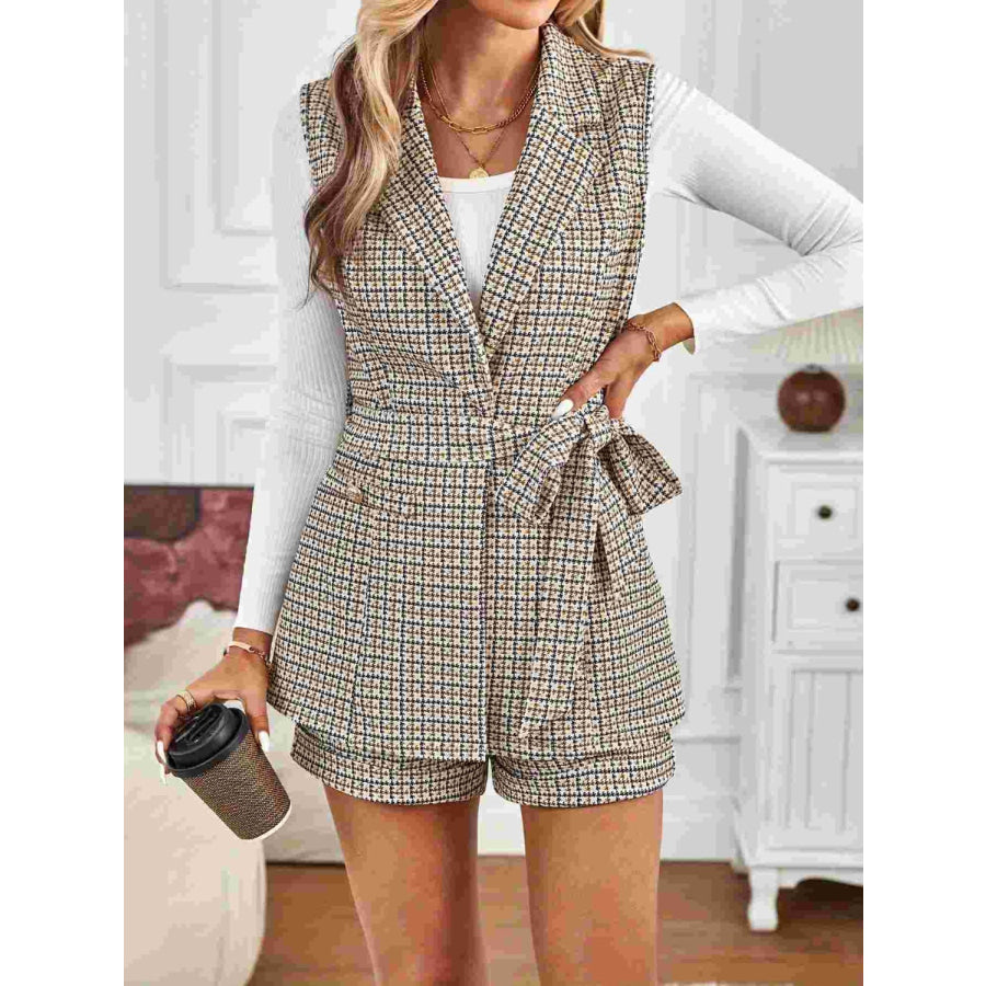 Tied Plaid Collared Neck Vest and Shorts Set Apparel and Accessories