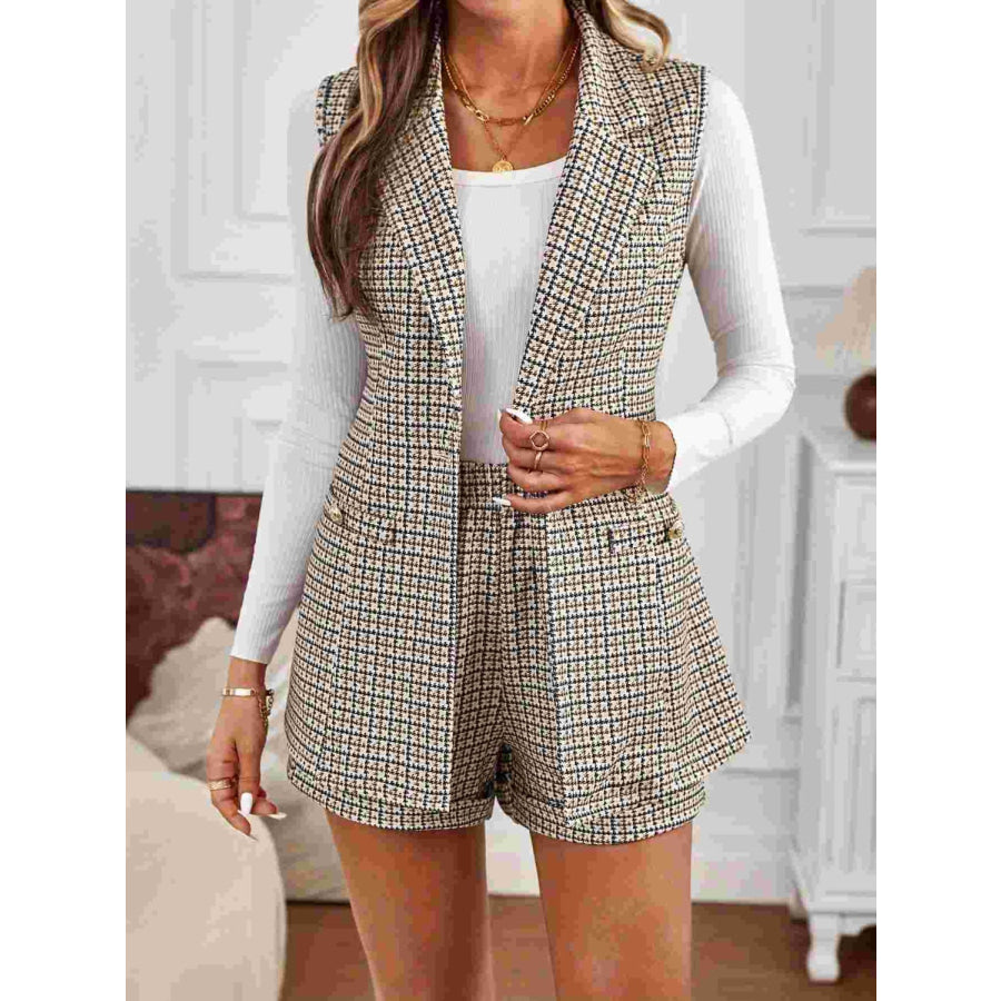 Tied Plaid Collared Neck Vest and Shorts Set Tan / S Apparel and Accessories