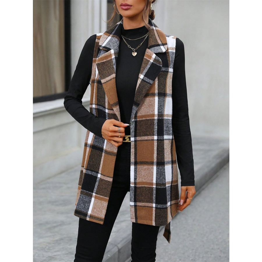 Tied Plaid Collared Neck Vest Apparel and Accessories