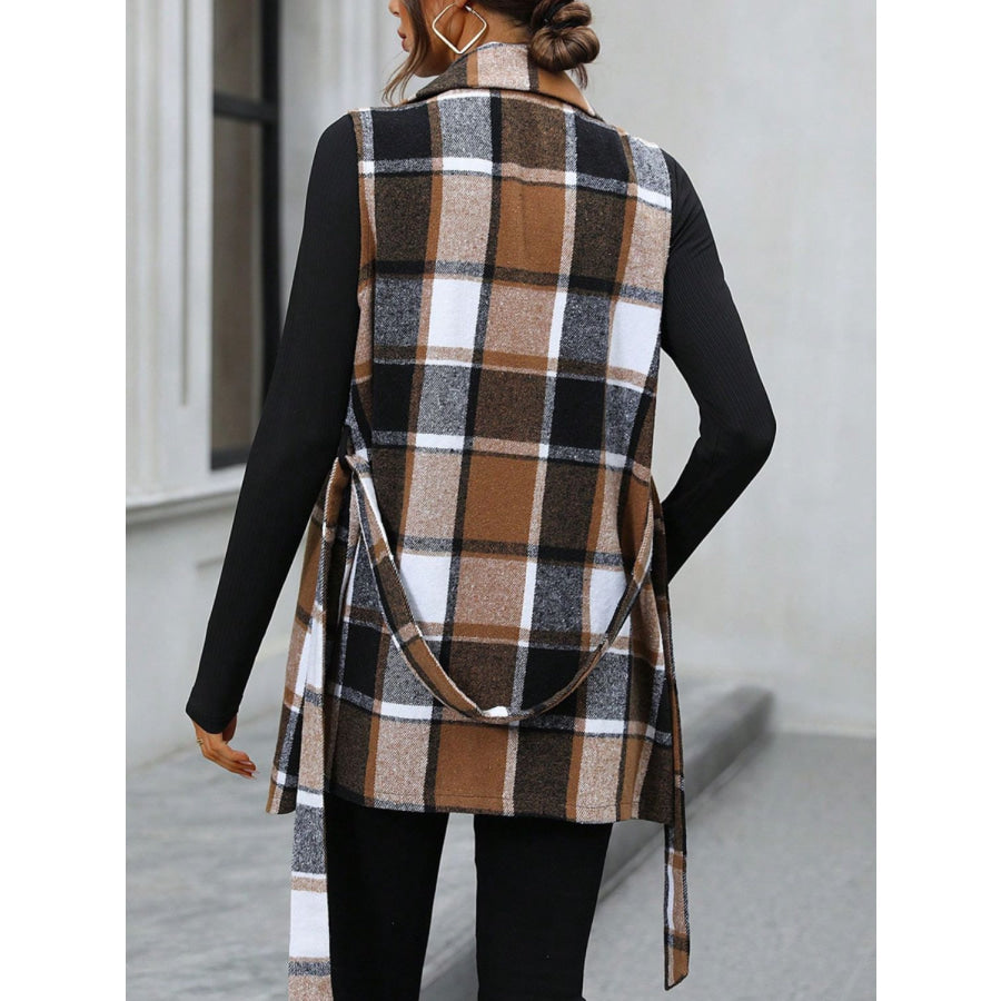 Tied Plaid Collared Neck Vest Apparel and Accessories