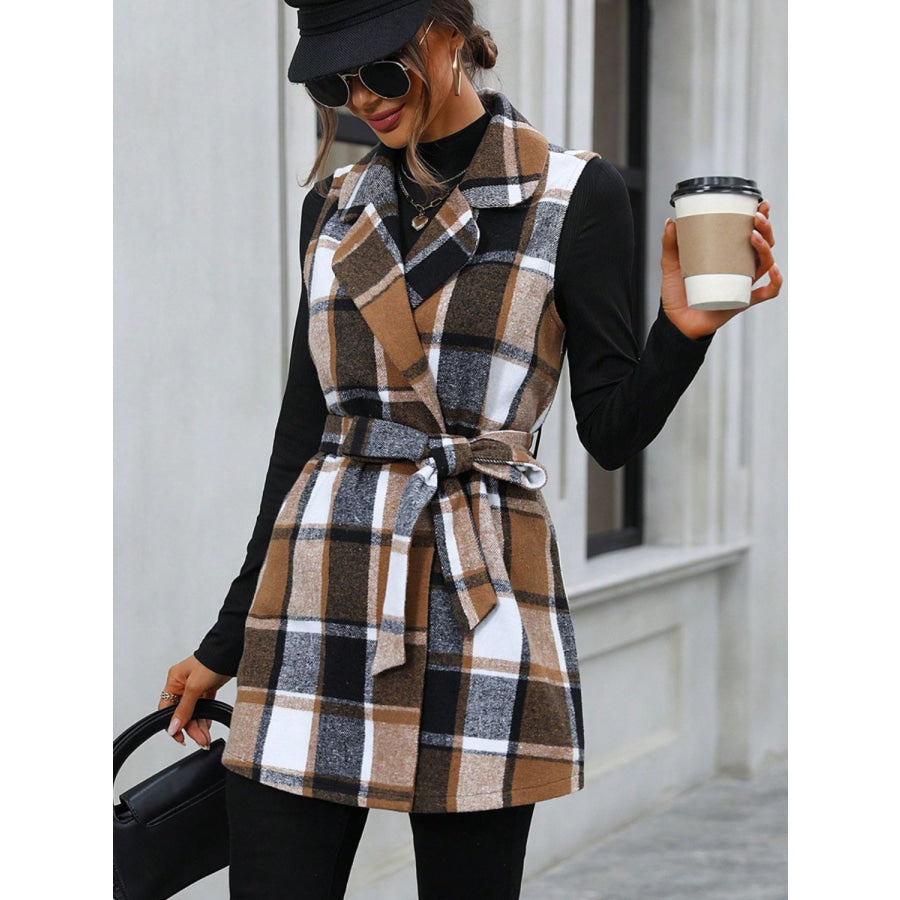 Tied Plaid Collared Neck Vest Caramel / S Apparel and Accessories