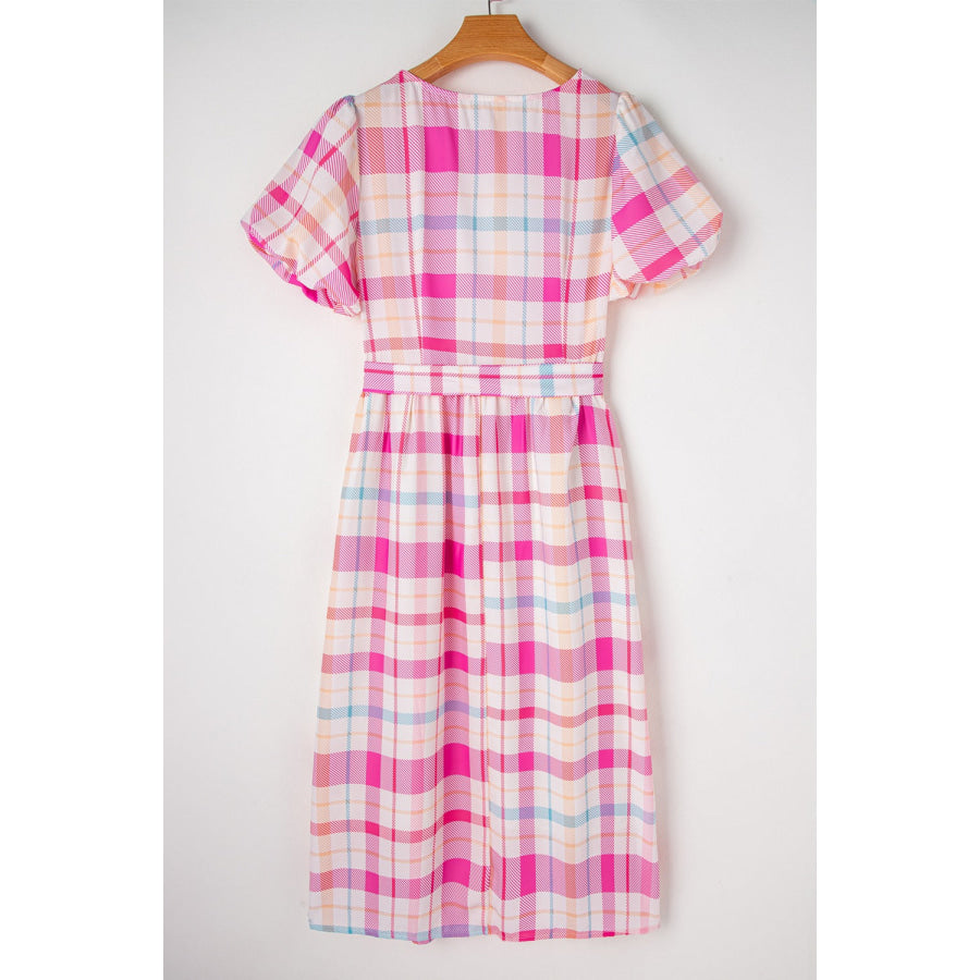Tied Plaid Round Neck Short Sleeve Dress Apparel and Accessories