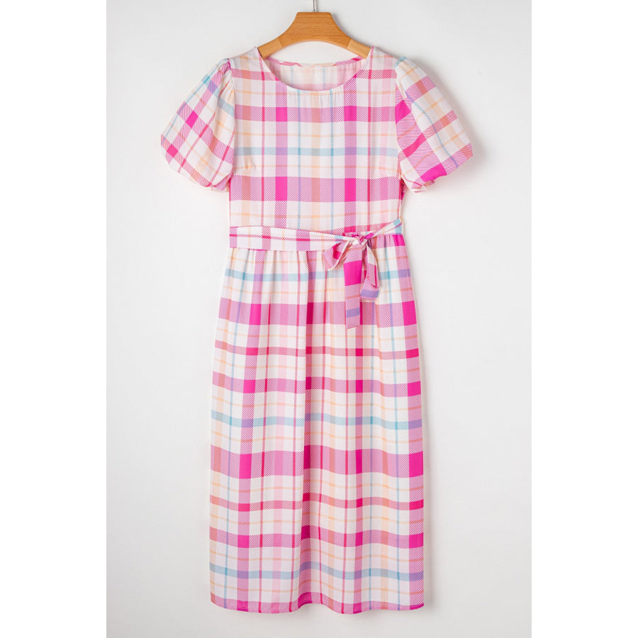 Tied Plaid Round Neck Short Sleeve Dress Blush Pink / S Apparel and Accessories