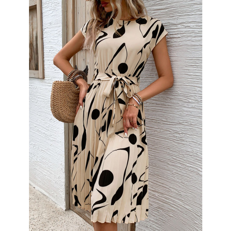 Tied Pleated Printed Cap Sleeve Dress Apparel and Accessories