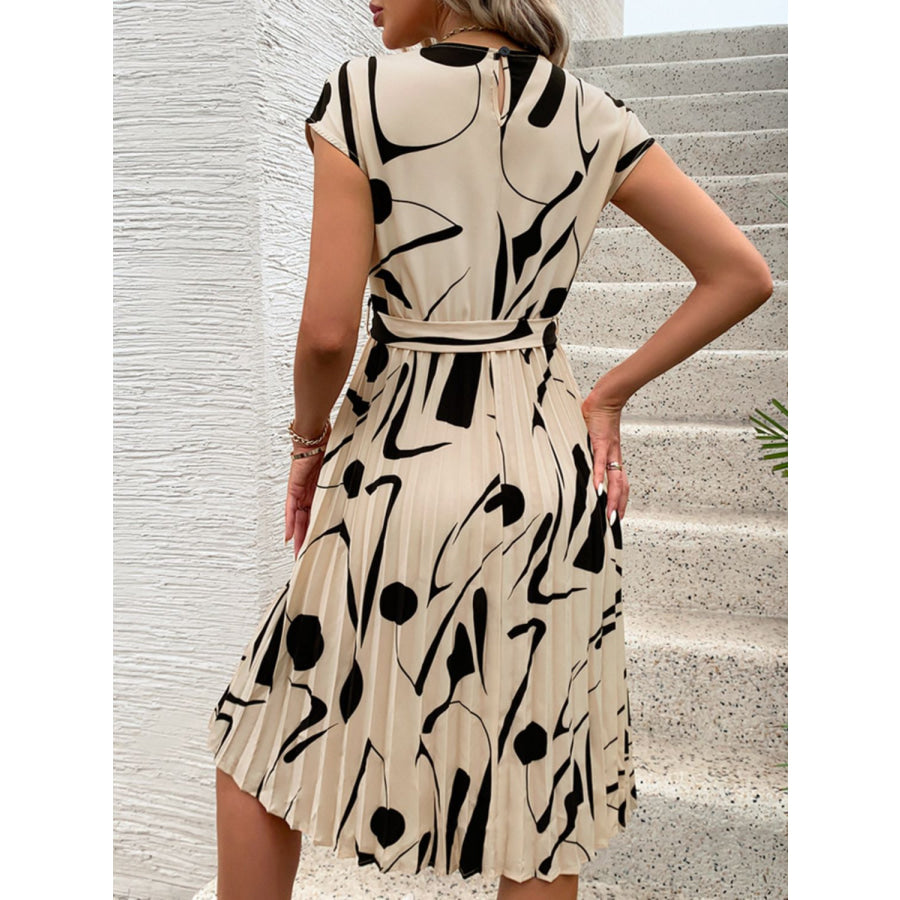 Tied Pleated Printed Cap Sleeve Dress Apparel and Accessories