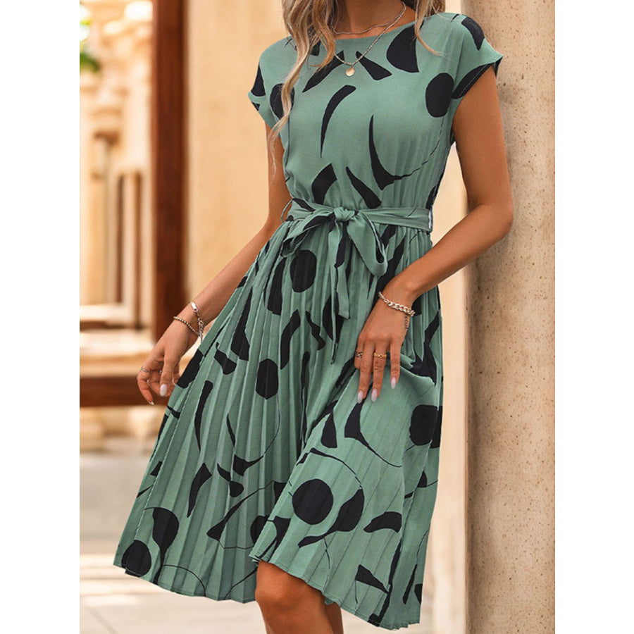 Tied Pleated Printed Cap Sleeve Dress Apparel and Accessories