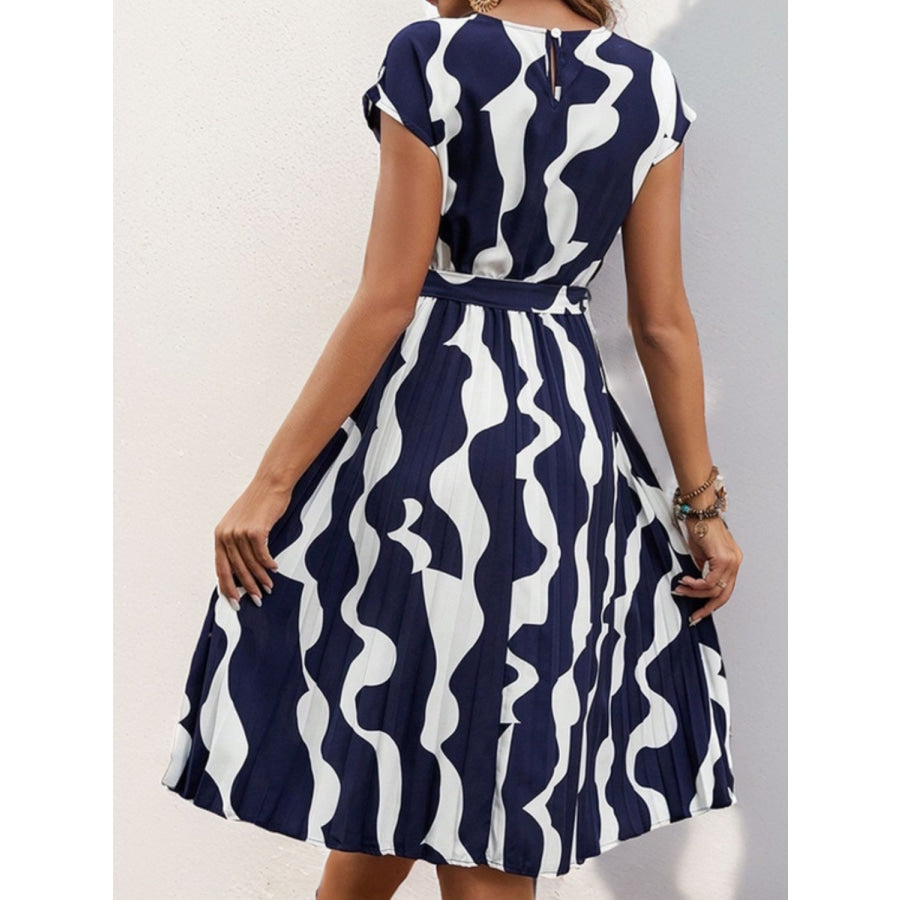 Tied Pleated Printed Cap Sleeve Dress Apparel and Accessories