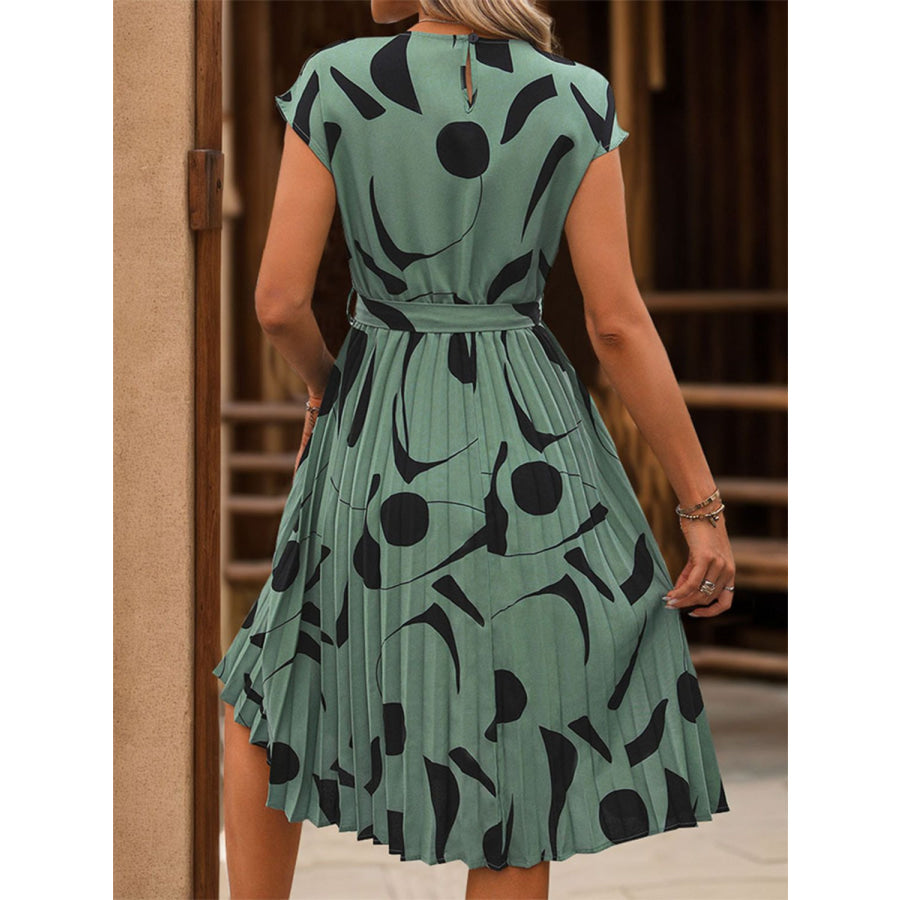 Tied Pleated Printed Cap Sleeve Dress Apparel and Accessories