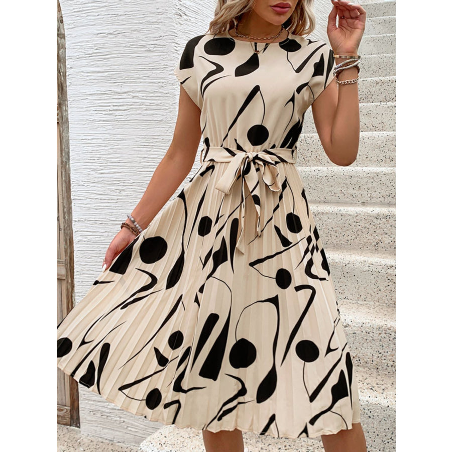 Tied Pleated Printed Cap Sleeve Dress Apparel and Accessories