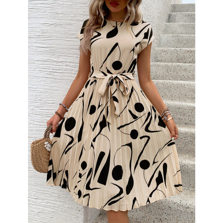 Tied Pleated Printed Cap Sleeve Dress Apparel and Accessories