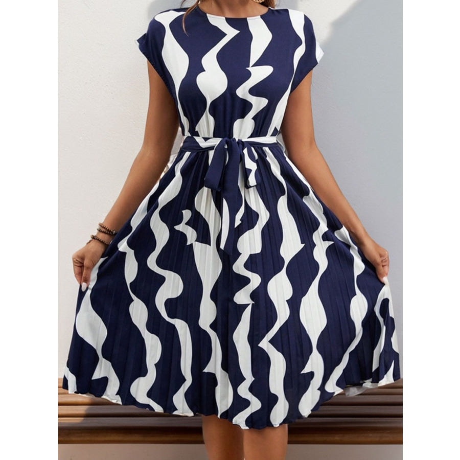 Tied Pleated Printed Cap Sleeve Dress Dark Blue / S Apparel and Accessories