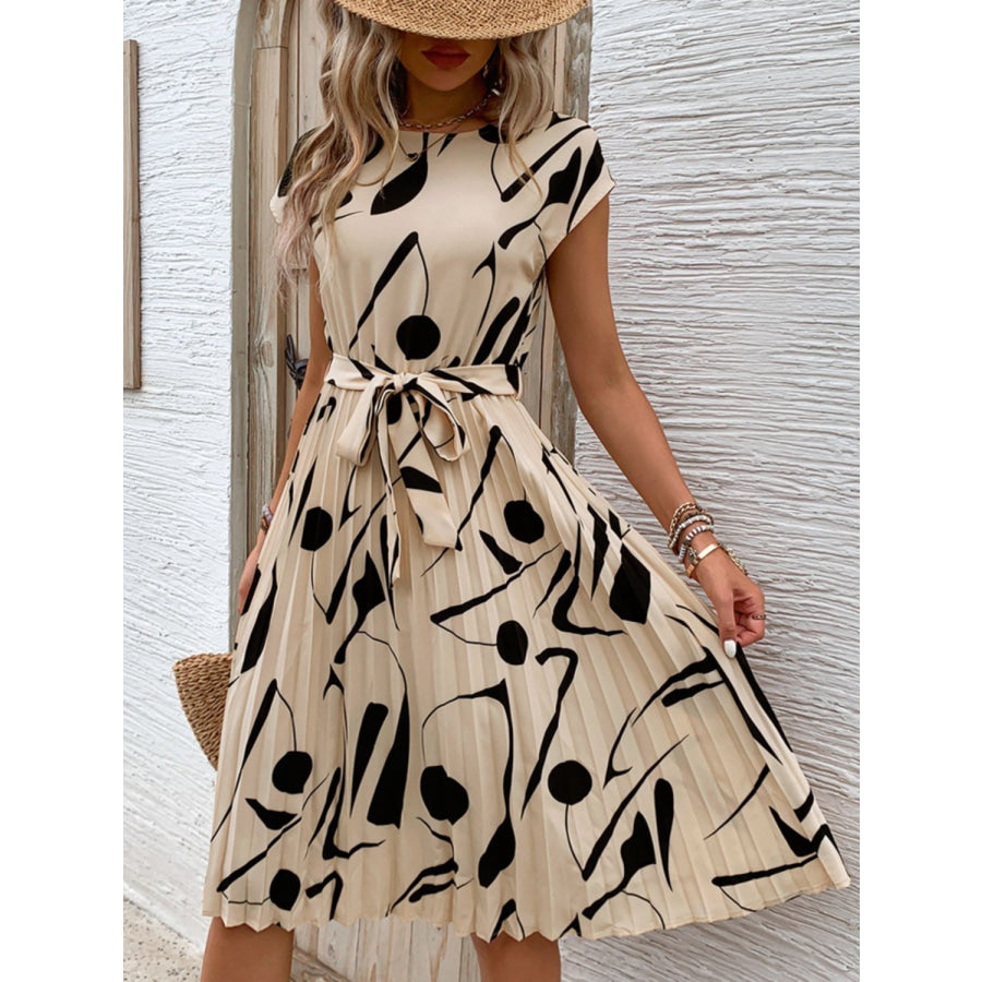 Tied Pleated Printed Cap Sleeve Dress Tan / S Apparel and Accessories