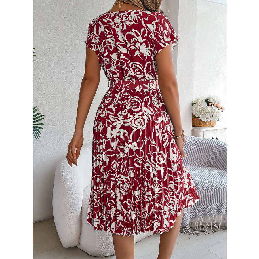 Tied Pleated Printed Short Sleeve Dress Apparel and Accessories