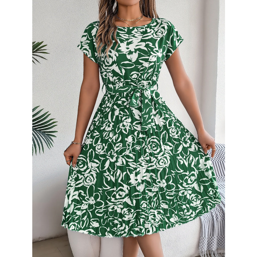 Tied Pleated Printed Short Sleeve Dress Apparel and Accessories