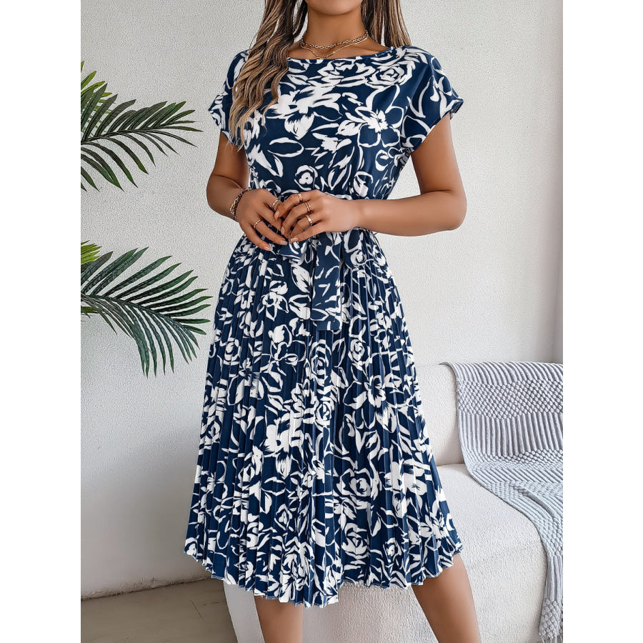 Tied Pleated Printed Short Sleeve Dress Apparel and Accessories