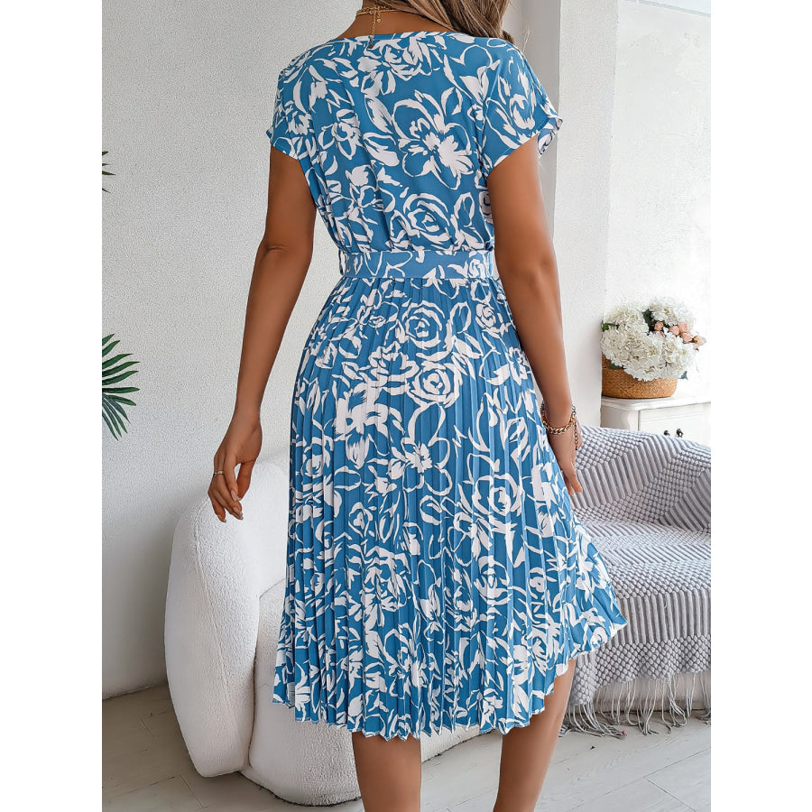 Tied Pleated Printed Short Sleeve Dress Apparel and Accessories