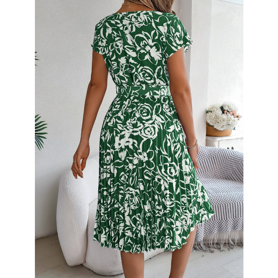 Tied Pleated Printed Short Sleeve Dress Apparel and Accessories