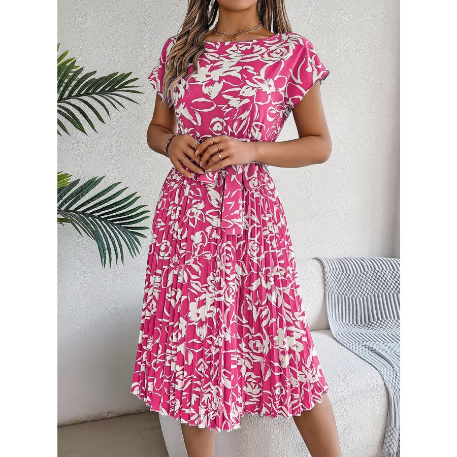 Tied Pleated Printed Short Sleeve Dress Apparel and Accessories