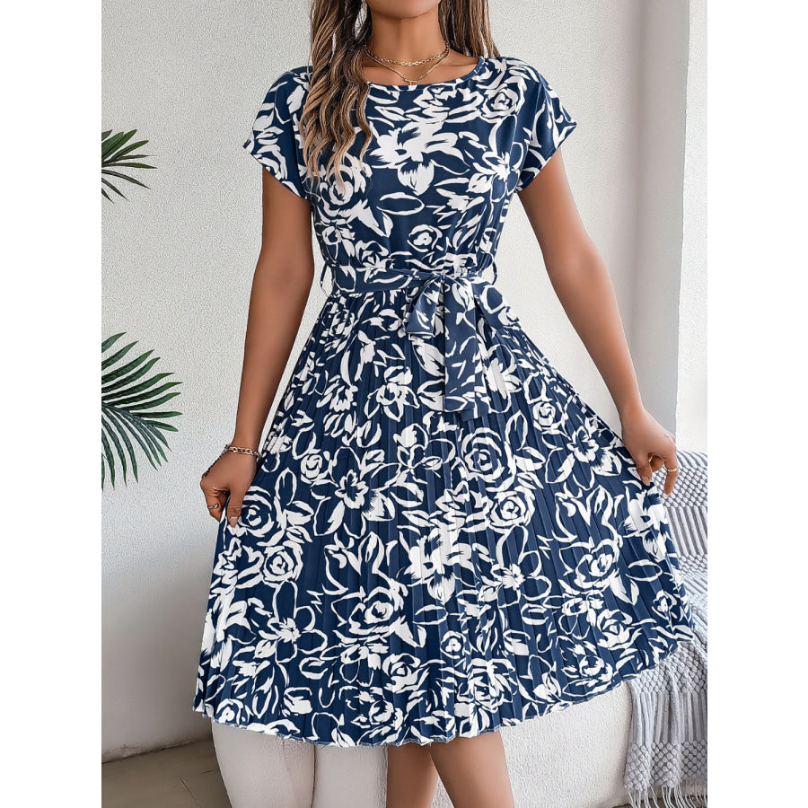 Tied Pleated Printed Short Sleeve Dress Dark Blue / S Apparel and Accessories