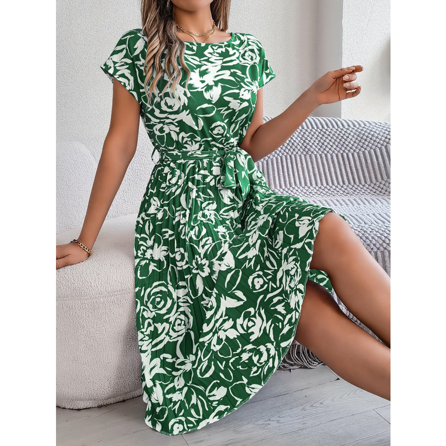 Tied Pleated Printed Short Sleeve Dress Dark Green / S Apparel and Accessories