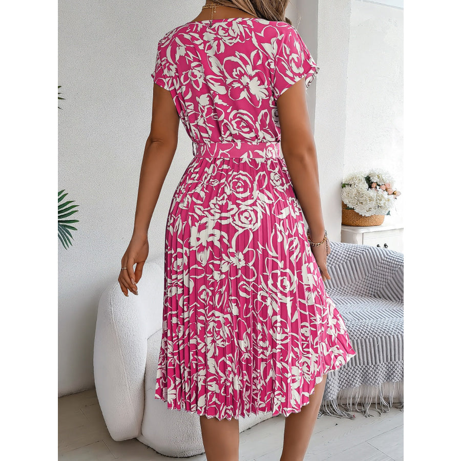 Tied Pleated Printed Short Sleeve Dress Hot Pink / S Apparel and Accessories