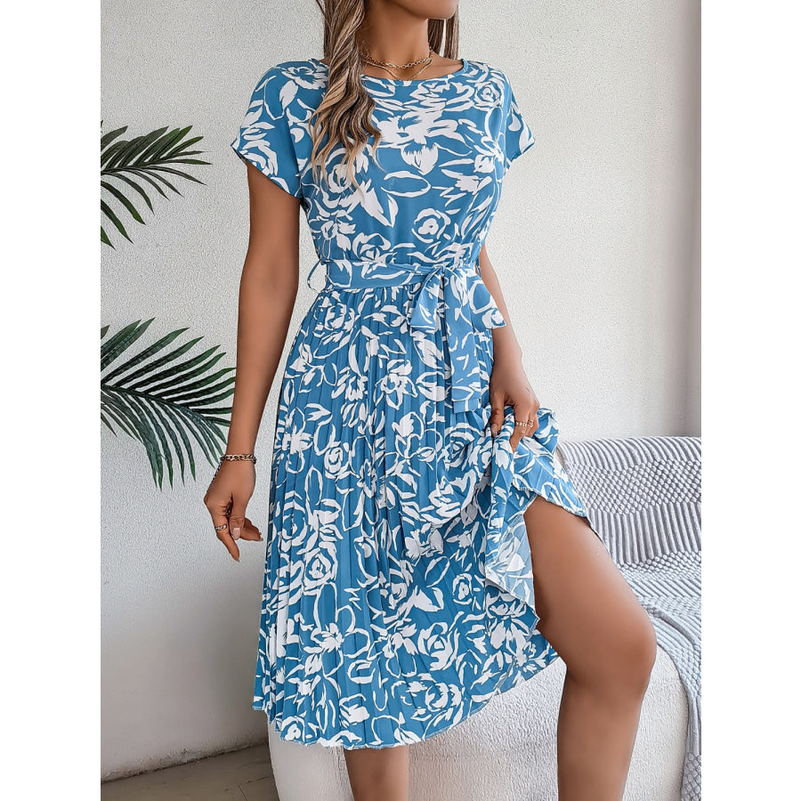 Tied Pleated Printed Short Sleeve Dress Pastel Blue / S Apparel and Accessories