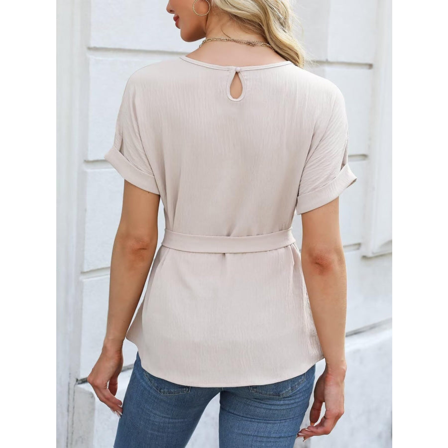 Tied Pleated Round Neck Short Sleeve Top Apparel and Accessories