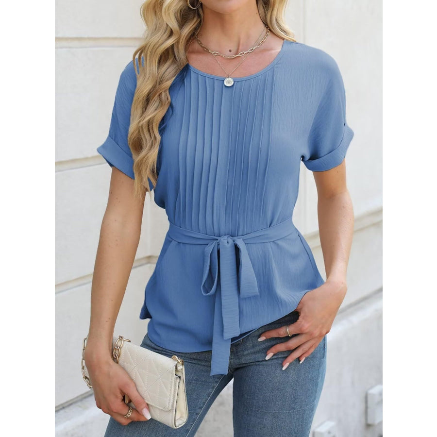 Tied Pleated Round Neck Short Sleeve Top Apparel and Accessories