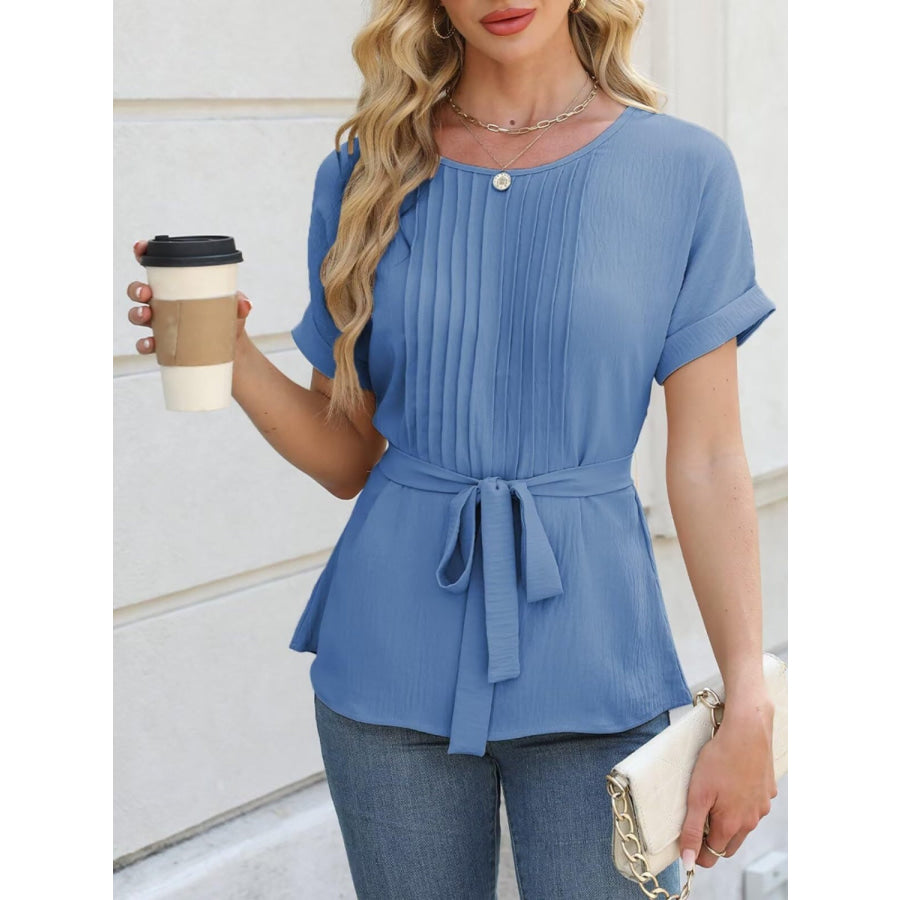 Tied Pleated Round Neck Short Sleeve Top Apparel and Accessories