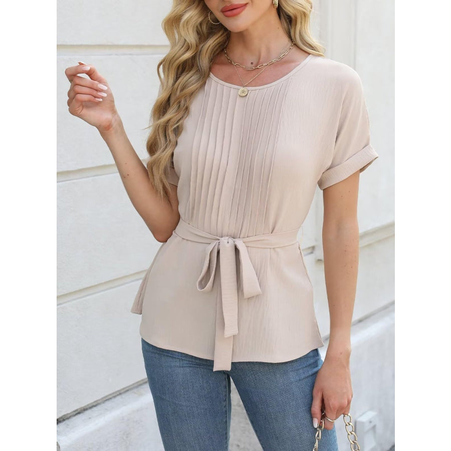 Tied Pleated Round Neck Short Sleeve Top Apparel and Accessories