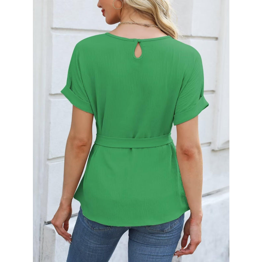 Tied Pleated Round Neck Short Sleeve Top Apparel and Accessories