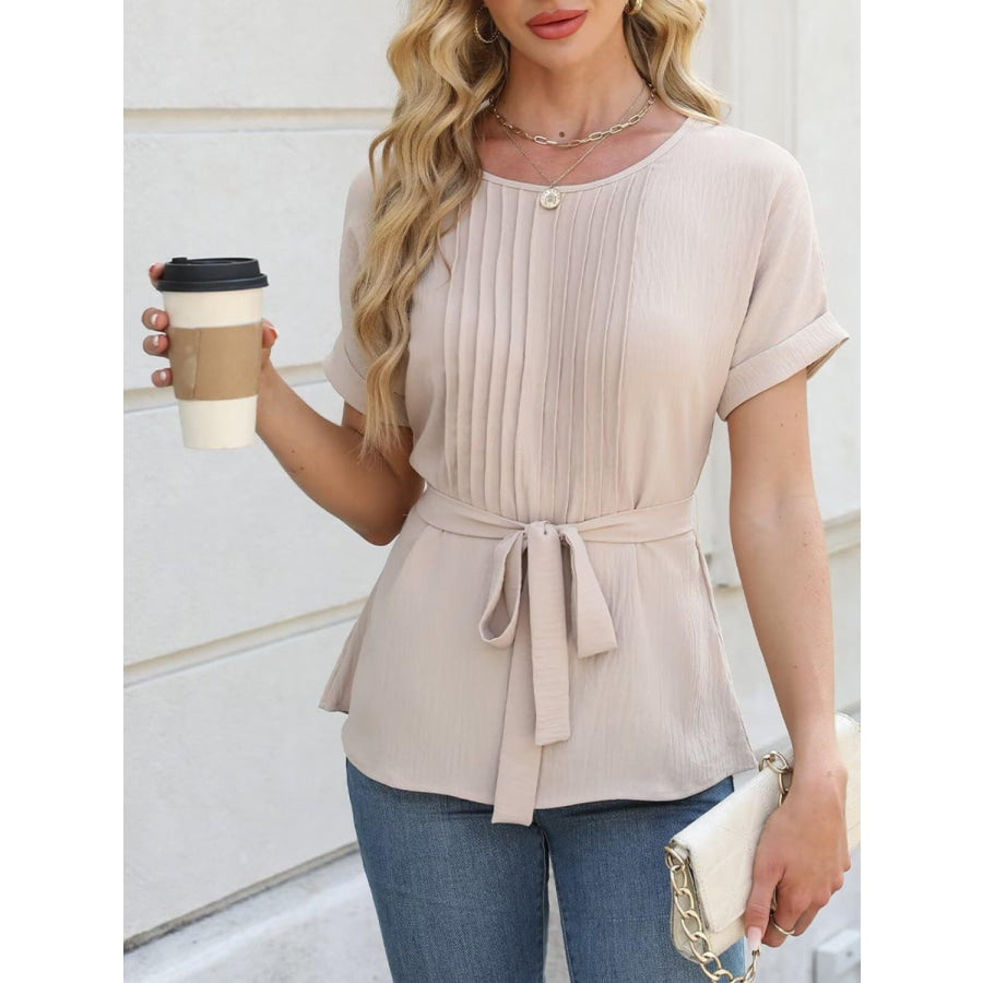 Tied Pleated Round Neck Short Sleeve Top Apparel and Accessories