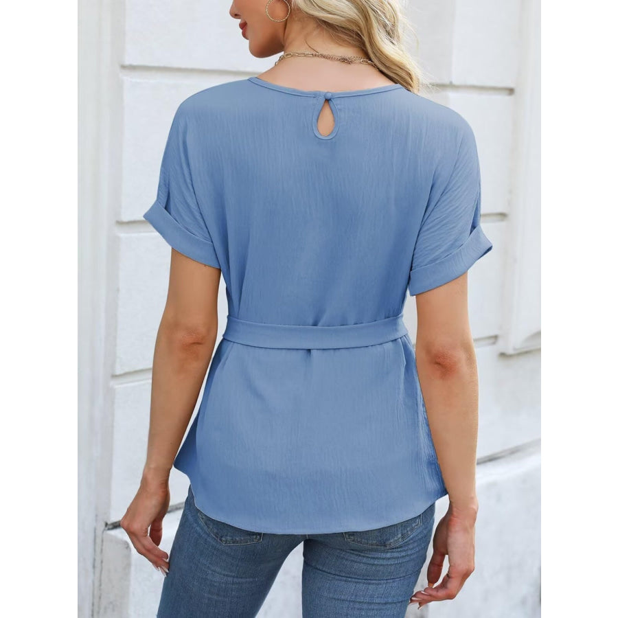 Tied Pleated Round Neck Short Sleeve Top Apparel and Accessories