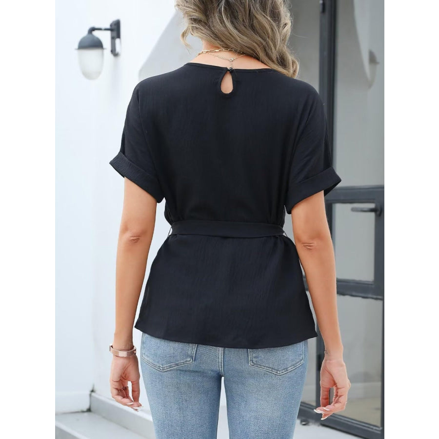 Tied Pleated Round Neck Short Sleeve Top Apparel and Accessories