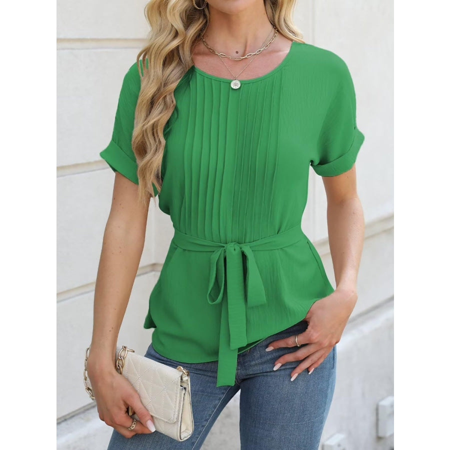 Tied Pleated Round Neck Short Sleeve Top Apparel and Accessories