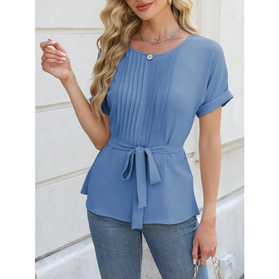 Tied Pleated Round Neck Short Sleeve Top Cerulean / S Apparel and Accessories