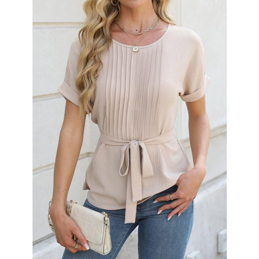 Tied Pleated Round Neck Short Sleeve Top Eggshell / S Apparel and Accessories