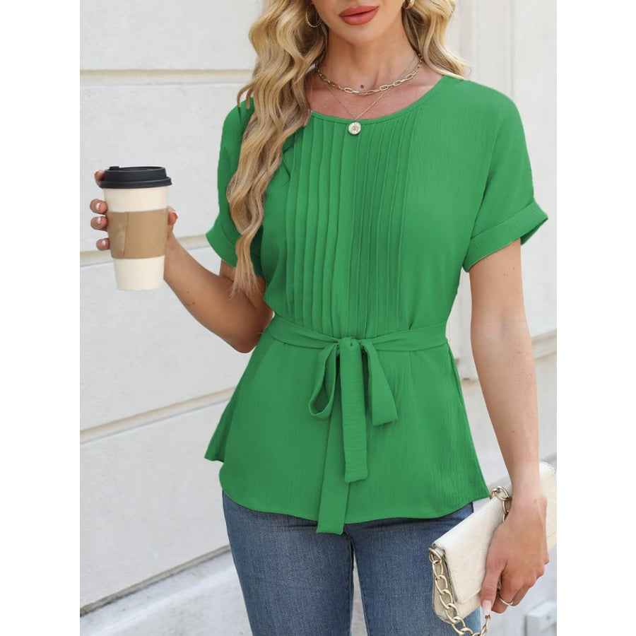 Tied Pleated Round Neck Short Sleeve Top Green / S Apparel and Accessories