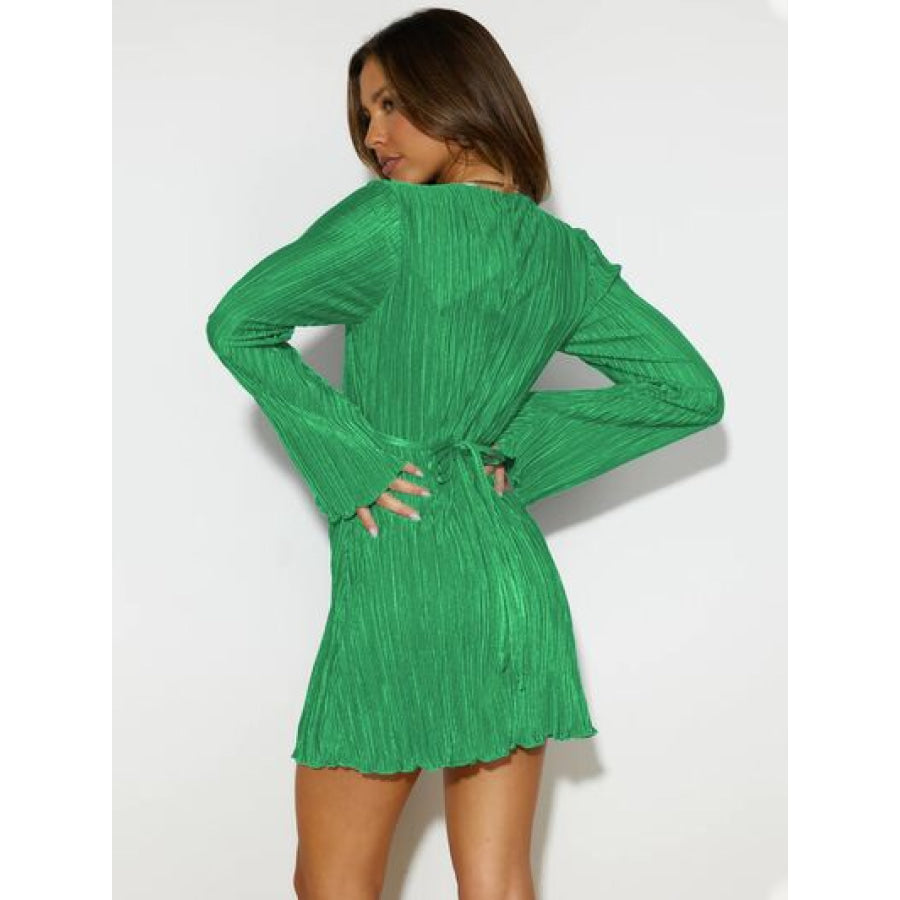 Tied Plunge Flare Sleeve Mini Dress Mid Green / S Apparel and Accessories