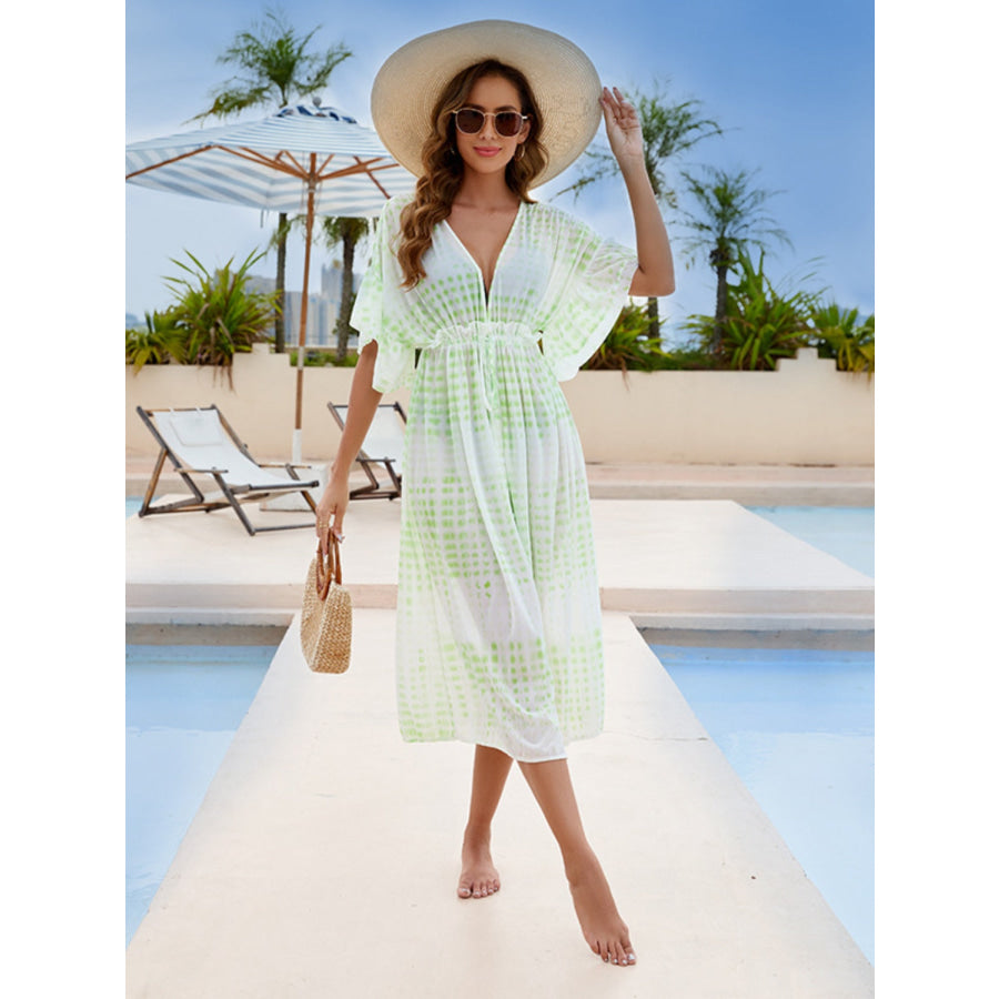 Tied Plunge Half Sleeve Cover Up Light Green / One Size Apparel and Accessories