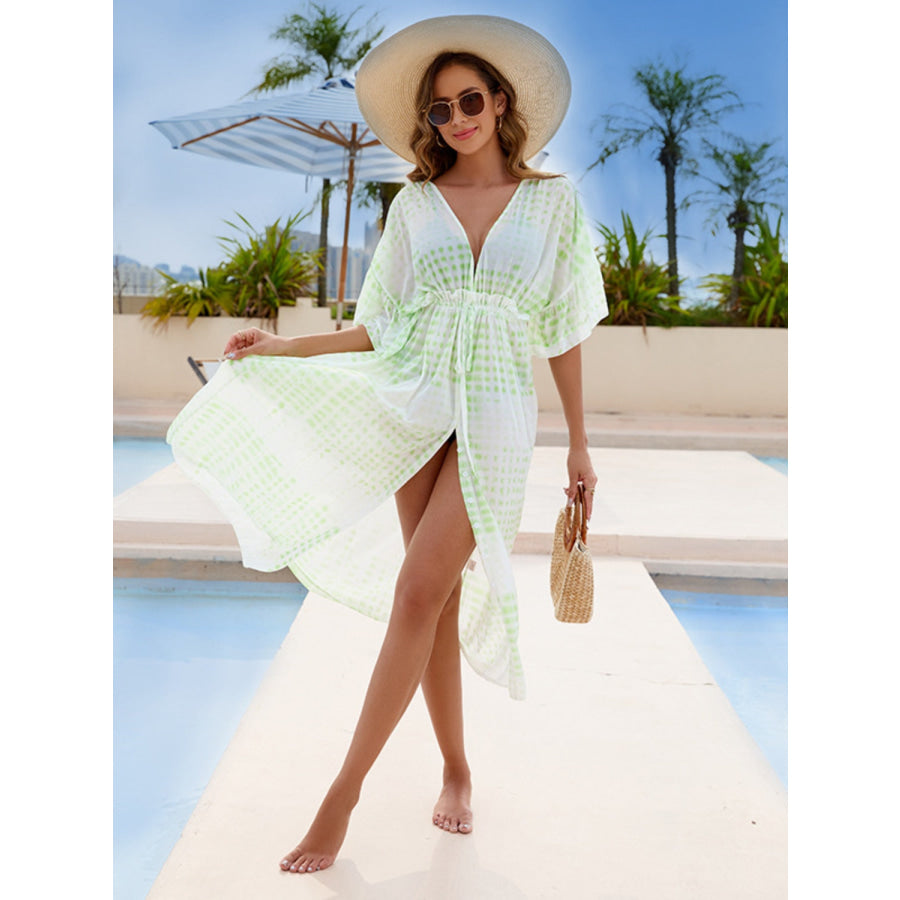 Tied Plunge Half Sleeve Cover Up Light Green / One Size Apparel and Accessories