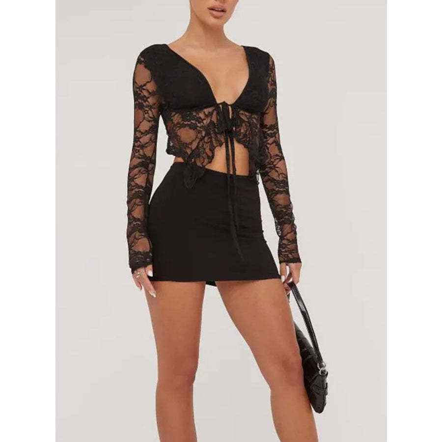 Tied Plunge Long Sleeve Lace Cropped Shirt Apparel and Accessories