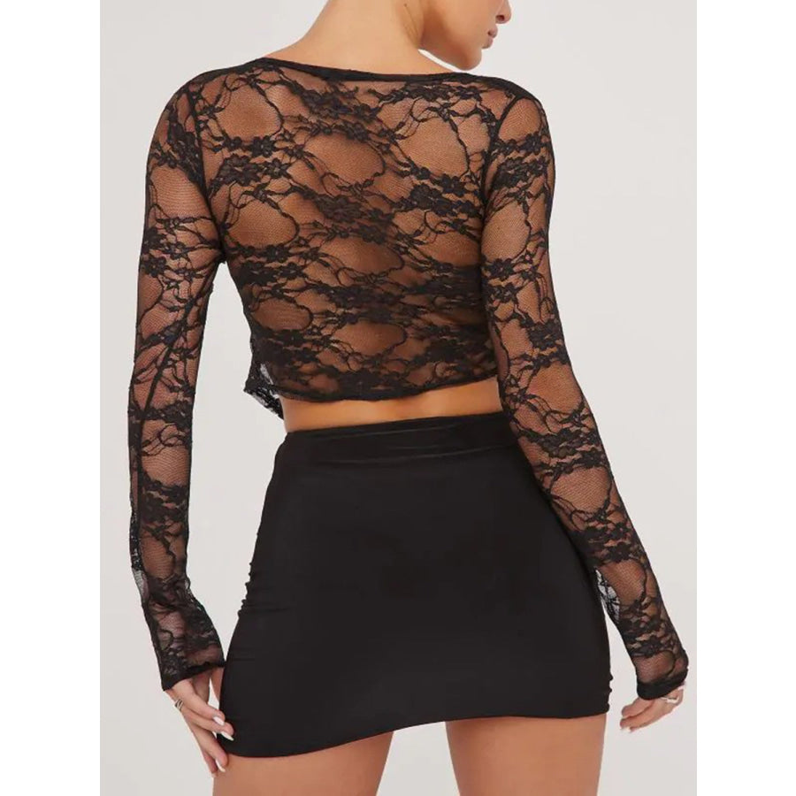 Tied Plunge Long Sleeve Lace Cropped Shirt Apparel and Accessories