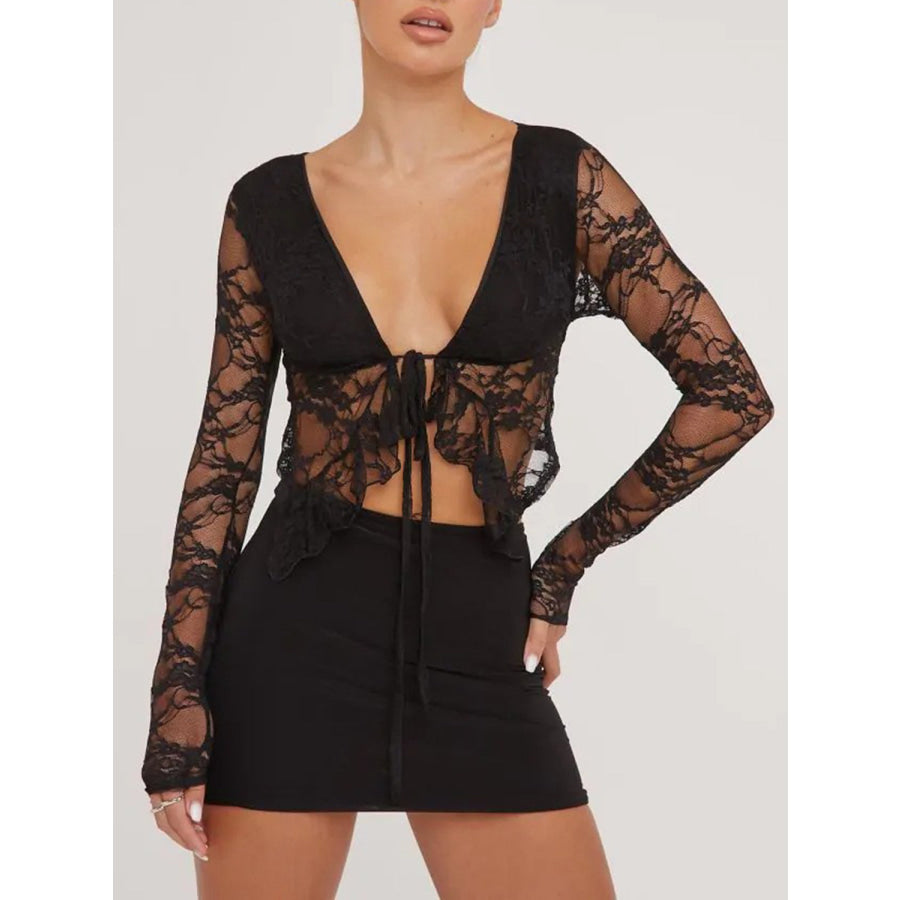 Tied Plunge Long Sleeve Lace Cropped Shirt Black / S Apparel and Accessories