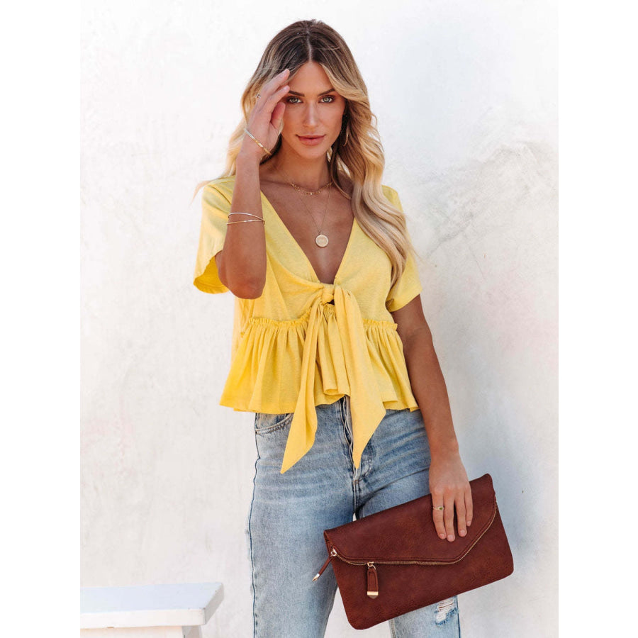 Tied Plunge Short Sleeve Blouse Apparel and Accessories