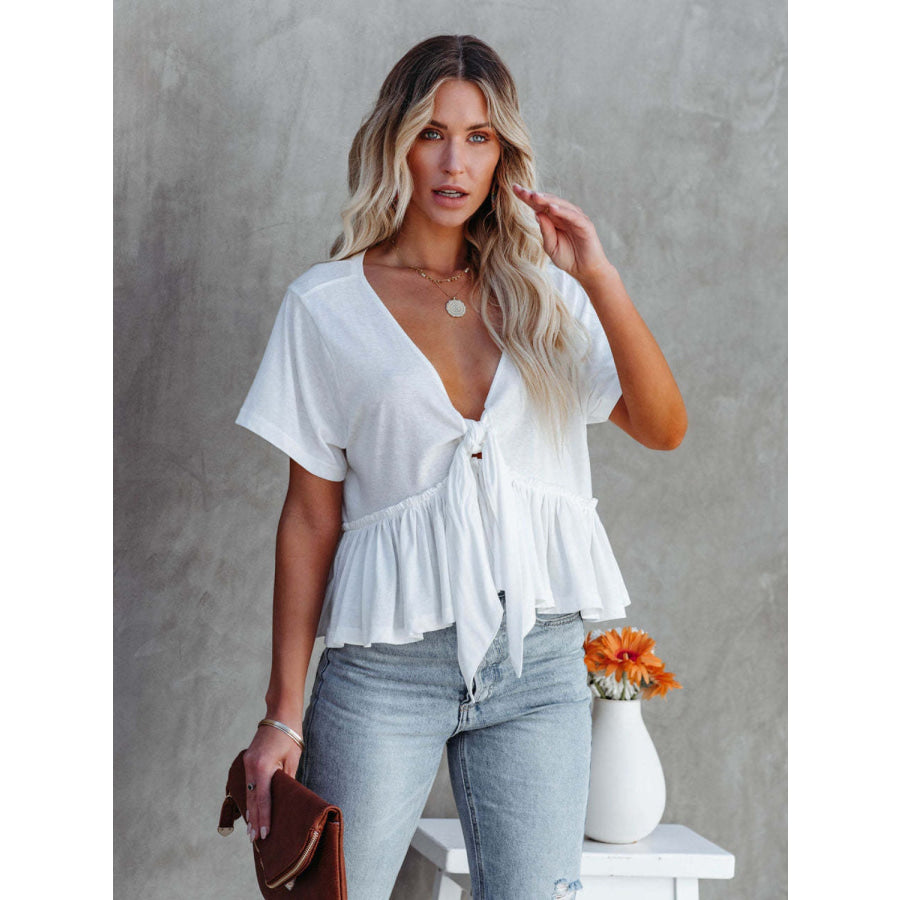 Tied Plunge Short Sleeve Blouse Apparel and Accessories