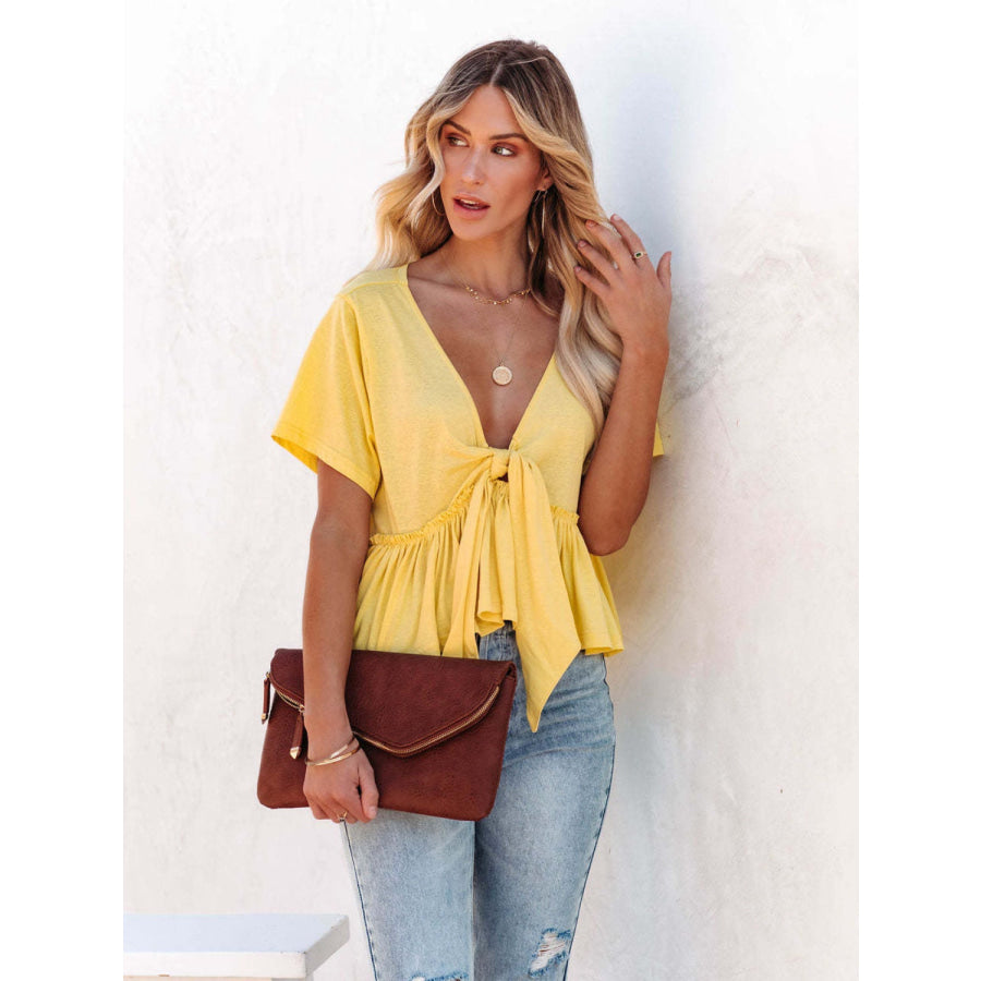 Tied Plunge Short Sleeve Blouse Apparel and Accessories