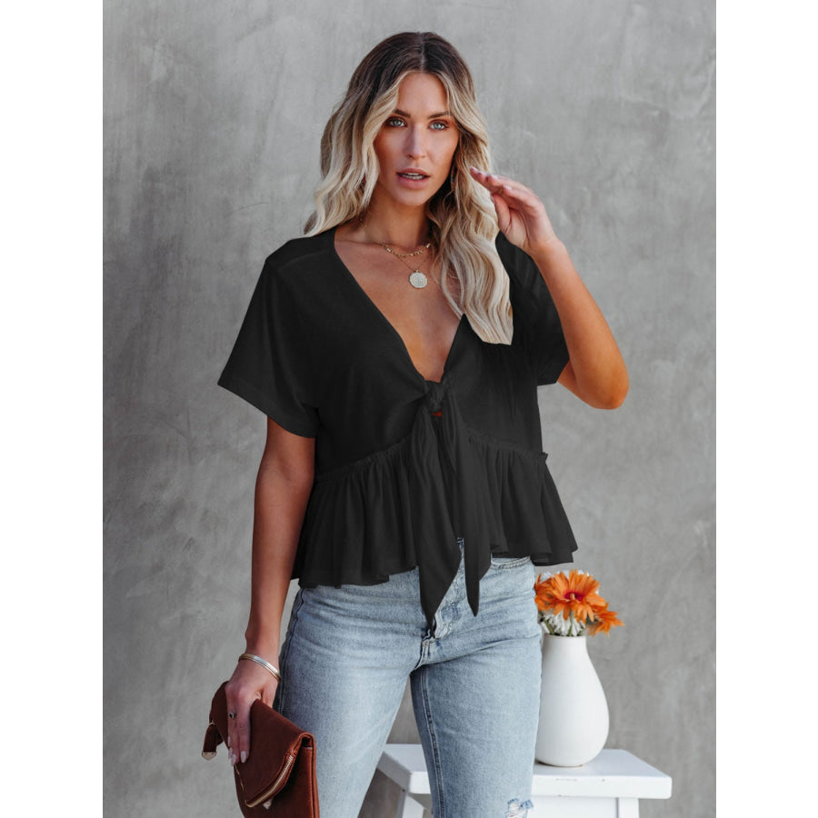 Tied Plunge Short Sleeve Blouse Black / S Apparel and Accessories